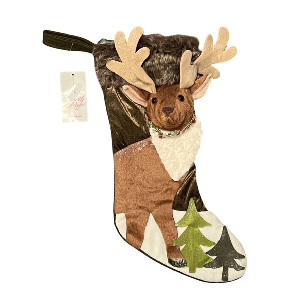 North Pole Trading Co Other - North Pole Trading Co Reindeer Stocking With Faux Fur Body Holly Accent Trees